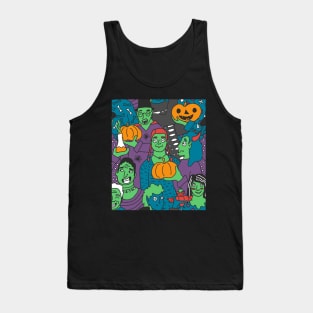Halloween party of green skin people seamless pattern. Vector illustration of zombies in costumes with strange eyes Tank Top